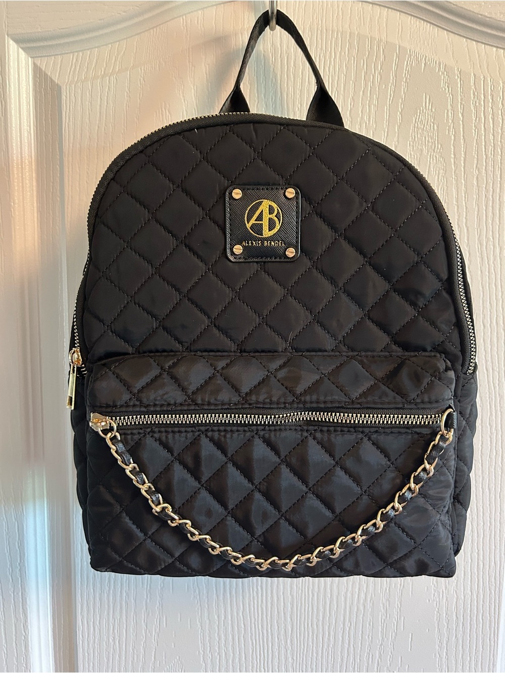 NWT Alexis Bittar Black Quilted Backpack with Gold Chain Detail